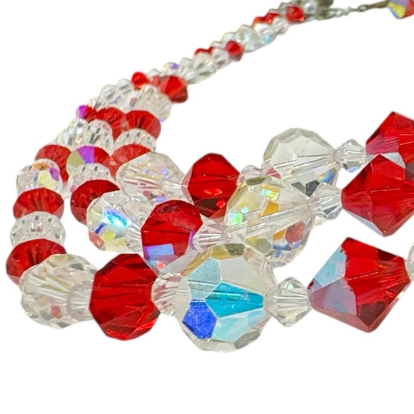 Vintage 3 Strand Ruby Red & Clear Aurora Borealis Crystal Necklace - Picture 6 of 7